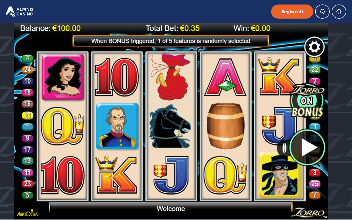 Slot Machine Zorro online su Alpino Casino